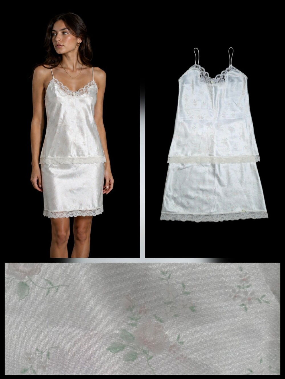 VTG Coquette Dawn to Dusk 70sSlip Camisole Skirt Set Sz M Cream Floral Lace Trim